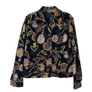 Vintage black orange floral corduroy boho fall button lightweight jacket 8